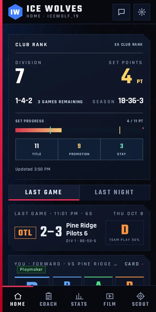 Écran d'accueil de l'appli Bench Boss : carte d'équipe, dernière partie et notes